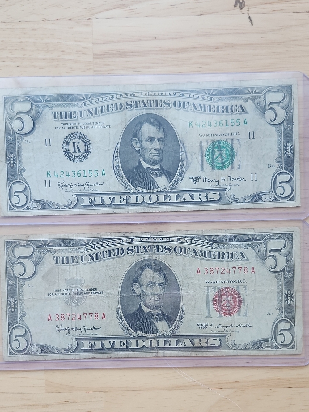 Two Vintage U.S. Five Dollar Bills - Green & Red Seals 1963